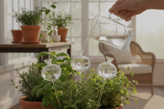 Round watering globes being filled with water