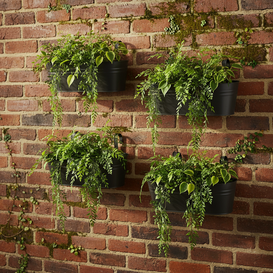 Hanging Planters with Ferns on Brick Wall
