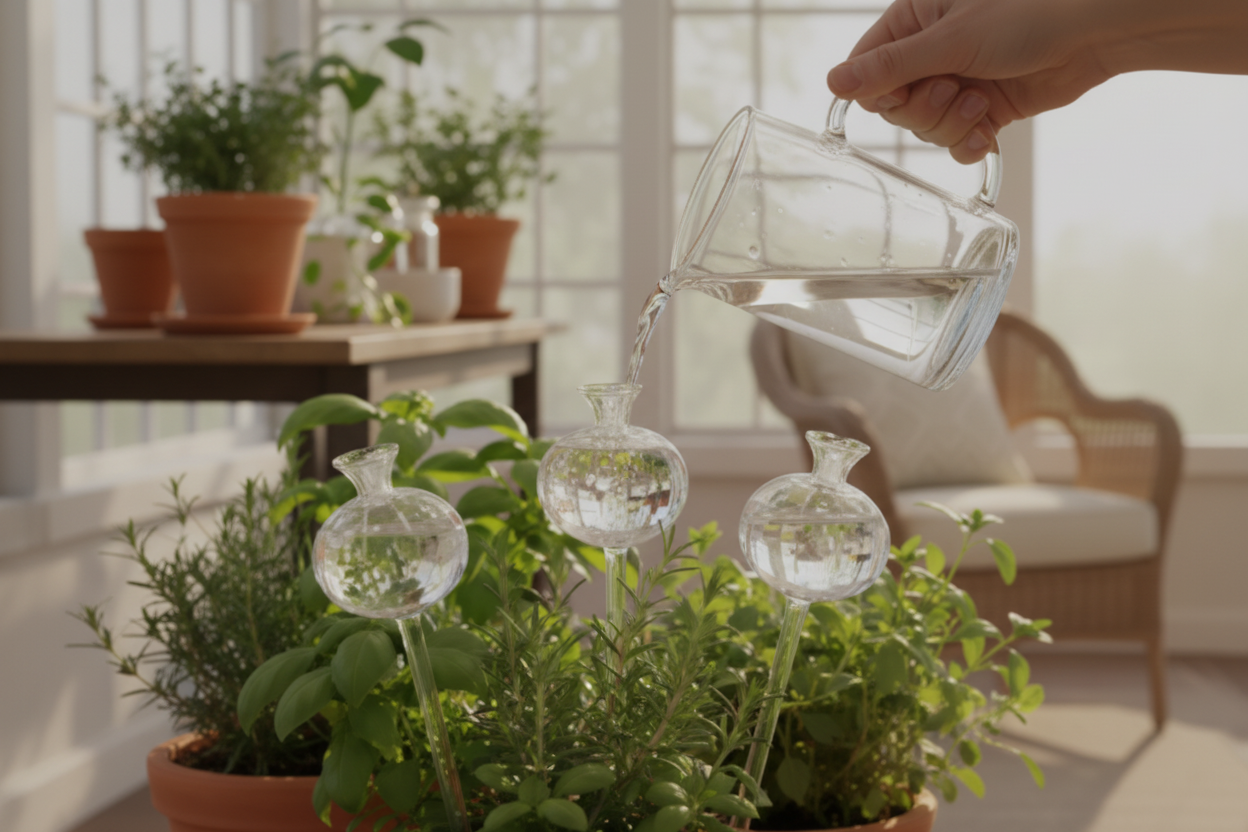 Round watering globes being filled with water