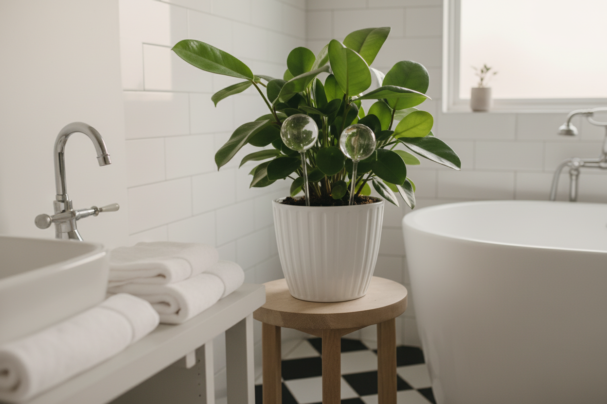 Self-watering globes with Pilea in black and white tiled bathroom