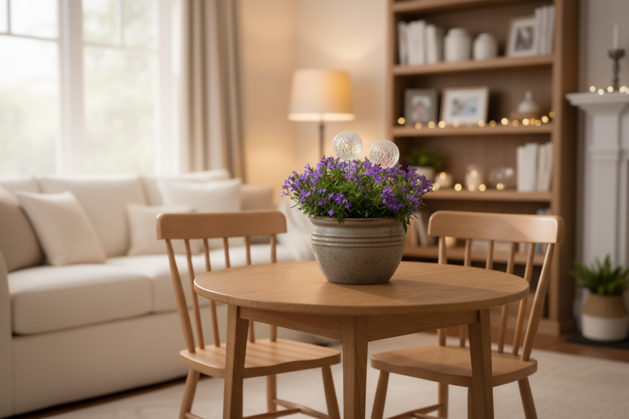 White lace ball stakes in breakfast nook